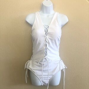 Holipick Women’s White Sexy One Shoulder Lace Up One Piece Swimsuit Size L